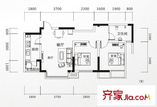 雕刻時光戶型圖一期一批次A2戶型 2室2廳1衛(wèi)1廚