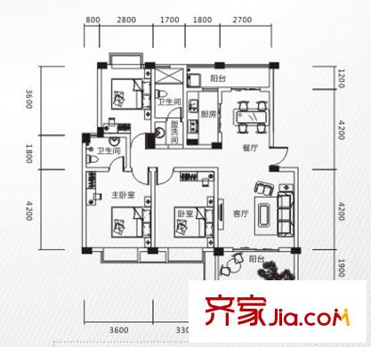 雕刻時光戶型圖一期一批次F3戶型 3室2廳2衛(wèi)1廚