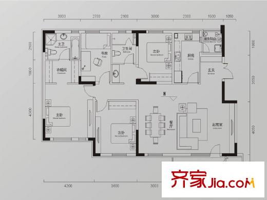 交大歸谷國際住區(qū)戶型圖二期3、4號樓標(biāo)準(zhǔn)層A1戶型（售罄） 4室2廳2衛(wèi)1廚