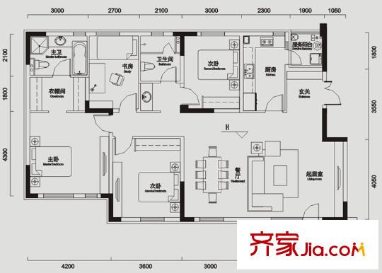 交大歸谷國際住區(qū)戶型圖一期一批次2、3號樓標(biāo)準(zhǔn)層A1戶型（售罄） 4室2廳2衛(wèi)1廚