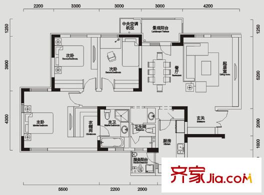 交大歸谷國際住區(qū)戶型圖一期1、2、3、4、5棟標(biāo)準(zhǔn)層D1戶型（售罄） 3室2廳2衛(wèi)1廚