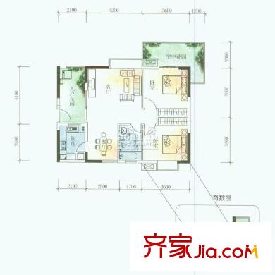 玉林品上戶型圖B-19型偶數(shù)層 2室2廳1衛(wèi)1廚