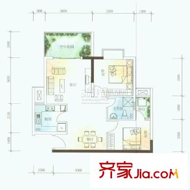 玉林品上戶型圖B-11型標(biāo)準(zhǔn)層 2室2廳1衛(wèi)1廚