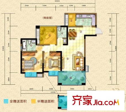 草堂銘城戶型圖2棟1單元1、3號房C3戶型 2室2廳2衛(wèi)1廚