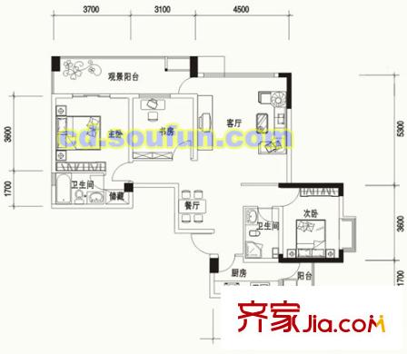金府世家戶型圖E型 3室2廳2衛(wèi)1廚