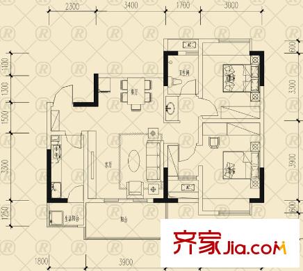 雷迪波爾城市花園戶型圖一期1、2、3號樓C戶型 2室2廳1衛(wèi)1廚