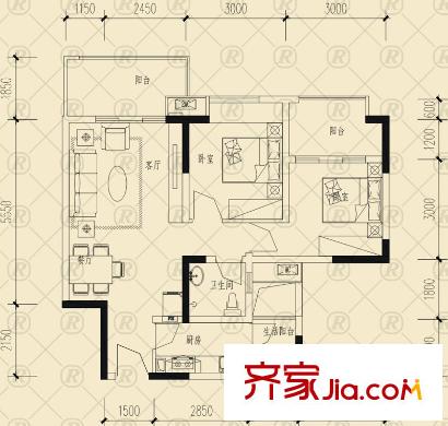 雷迪波爾城市花園戶型圖一期1、2、3號樓D戶型 2室2廳1衛(wèi)1廚