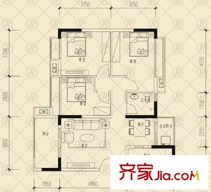 雷迪波爾城市花園戶型圖一期1、2、3號樓G戶型 3室2廳1衛(wèi)1廚