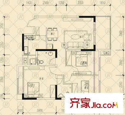 雷迪波爾城市花園戶型圖一期1、2、3號樓E戶型 3室2廳2衛(wèi)1廚