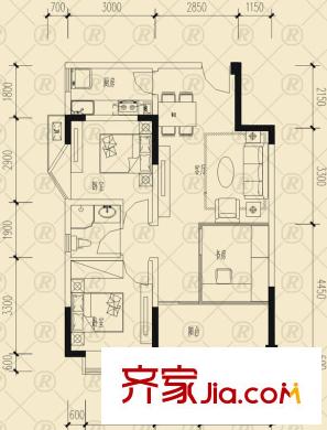 雷迪波爾城市花園戶型圖一期1、2、3號樓B戶型 3室2廳1衛(wèi)1廚