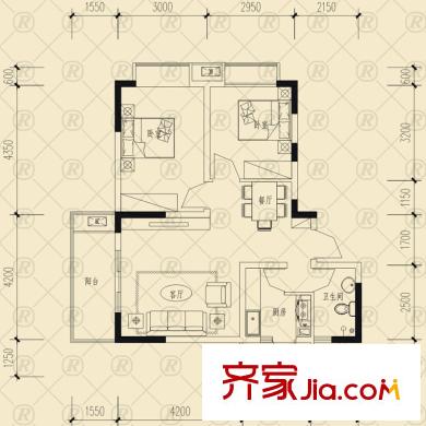 雷迪波爾城市花園戶型圖一期1、2、3號樓F戶型 2室2廳1衛(wèi)1廚