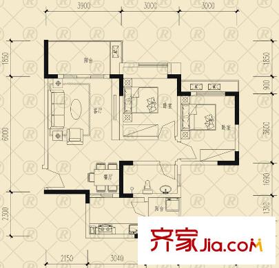 雷迪波爾城市花園戶型圖一期1、2、3號樓J戶型 2室2廳1衛(wèi)1廚