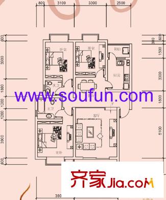 塞納河畔戶型圖D型 3室2廳2衛(wèi)1廚
