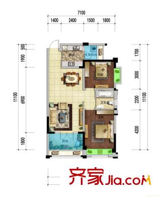 海棠公館戶型圖B戶型（不分期） 2室2廳1衛(wèi)1廚