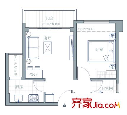 南陽錦城晶品戶型圖2號樓b3戶型 1室1廳1衛(wèi)1廚