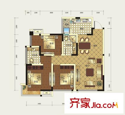 中鐵騎士公館戶型圖一期1-7號(hào)樓C戶型 3室2廳2衛(wèi)1廚