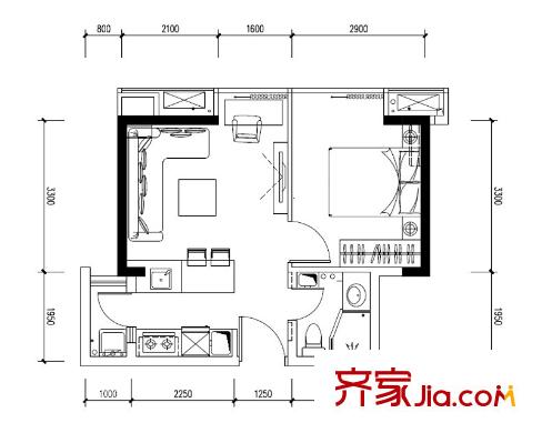 陽光100米婭中心一期2棟標準層C1戶型 1室1廳1衛(wèi)1廚