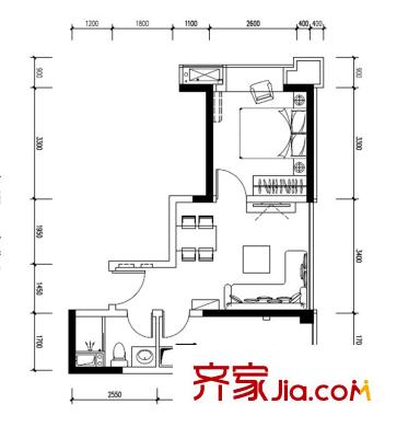 陽光100米婭中心一期2棟標準層C2戶型 1室1廳1衛(wèi)1廚