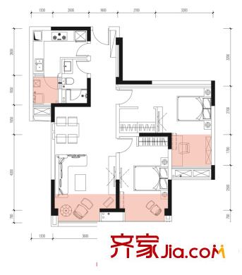 陽光100米婭中心6號樓A3戶型(售罄) 2室2廳1衛(wèi)1廚
