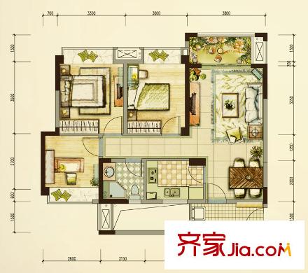 藍(lán)光金楠府戶型圖7號樓A戶型圖 3室2廳1衛(wèi)1廚