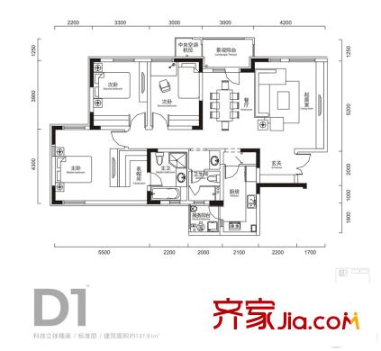 交大歸谷國際住區(qū)戶型圖二期3、4號樓標(biāo)準(zhǔn)層D1戶型（售罄） 3室2廳2衛(wèi)1廚