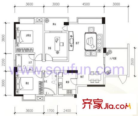 泰基花語廊戶型圖B1型 3室2廳2衛(wèi)1廚
