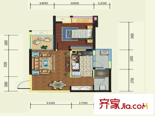 綠地國際花都1期13-18棟標準層C4戶型 1室2廳1衛(wèi)1廚