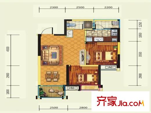 綠地國際花都1期13-18棟標準層C1戶型 2室2廳1衛(wèi)1廚