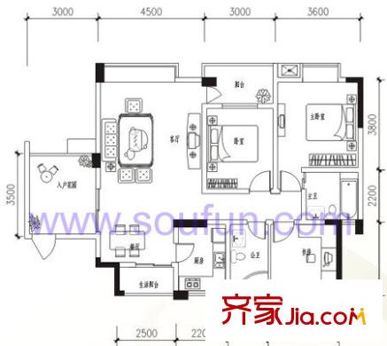 泰基花語廊戶型圖B2型 3室2廳2衛(wèi)1廚