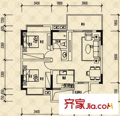 雷迪波爾城市花園戶型圖一期1、2、3號樓A戶型 2室2廳1衛(wèi)1廚