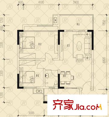 雷迪波爾城市花園戶型圖一期1、2、3號樓H戶型 2室2廳1衛(wèi)1廚
