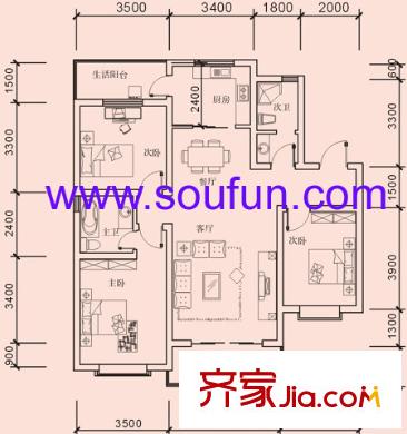 塞納河畔戶型圖K型 3室2廳2衛(wèi)1廚