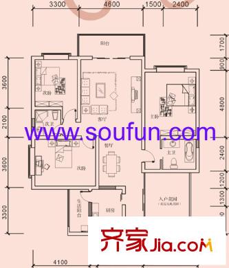 塞納河畔戶型圖L型 3室2廳2衛(wèi)1廚
