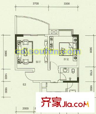 八里陽光戶型圖E2型 1室1廳1衛(wèi)1廚