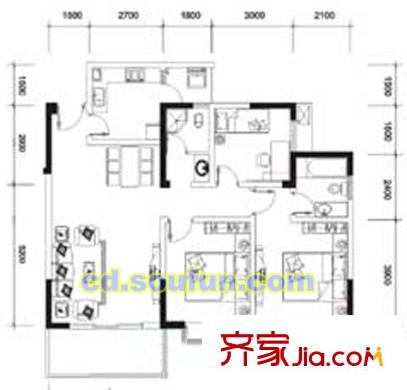 八里陽(yáng)光戶型圖D2型 3室2廳2衛(wèi)1廚