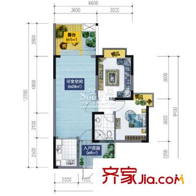 藍(lán)光富麗碧蔓汀戶型圖二期D1型偶數(shù)層 1室1廳1衛(wèi)1廚