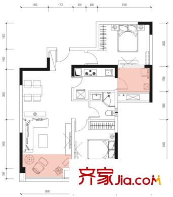 陽光100米婭中心6號樓A4戶型(售罄) 2室2廳1衛(wèi)1廚