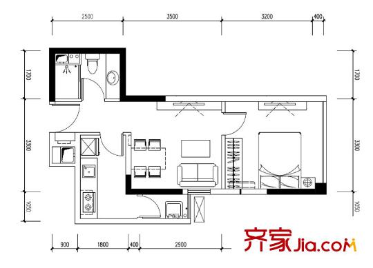 陽光100米婭中心一期2棟標準層C3戶型 1室1廳1衛(wèi)1廚