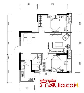 陽光100米婭中心一期1棟標(biāo)準(zhǔn)層B2戶型 2室2廳1衛(wèi)1廚