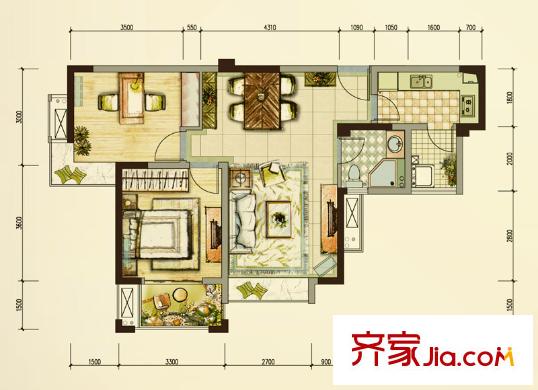 藍(lán)光金楠府戶型圖7號樓B戶型圖 2室2廳1衛(wèi)1廚