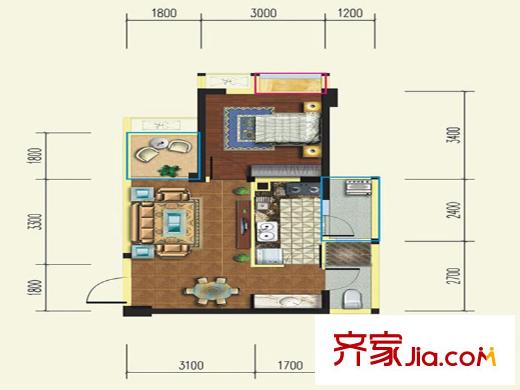 綠地國際花都1期4棟標準層C4戶型 1室1廳2衛(wèi)1廚
