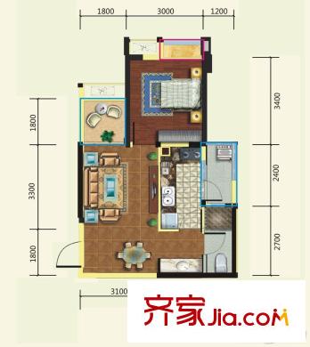 綠地國際花都3期9棟標準層C4戶型 1室2廳1衛(wèi)1廚