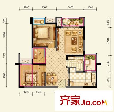 綠地國(guó)際花都3期10棟標(biāo)準(zhǔn)層X5'戶型 2室2廳1衛(wèi)1廚