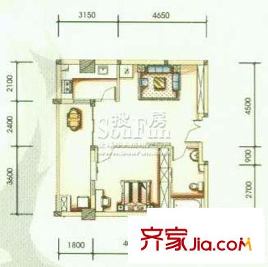 紅南港MITOWN戶型圖E型 1室1廳1衛(wèi)1廚