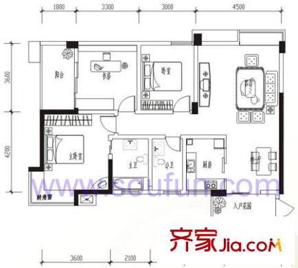 泰基花語廊戶型圖A2-1型 3室2廳2衛(wèi)1廚