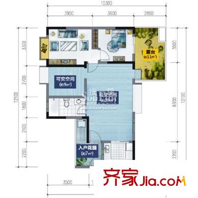 藍光富麗碧蔓汀戶型圖二期C2型奇數(shù)層 1室1廳1衛(wèi)1廚