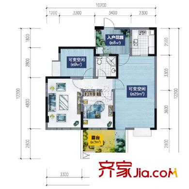 藍光富麗碧蔓汀戶型圖二期C1型奇數(shù)層 1室1廳1衛(wèi)1廚