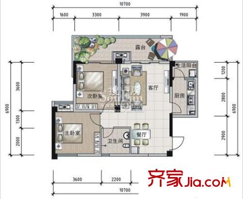 南橋春天戶型圖B1偶數(shù)層戶型 2室2廳1衛(wèi)1廚