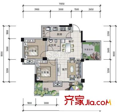 南橋春天戶型圖B2偶數(shù)層戶型 2室2廳1衛(wèi)1廚