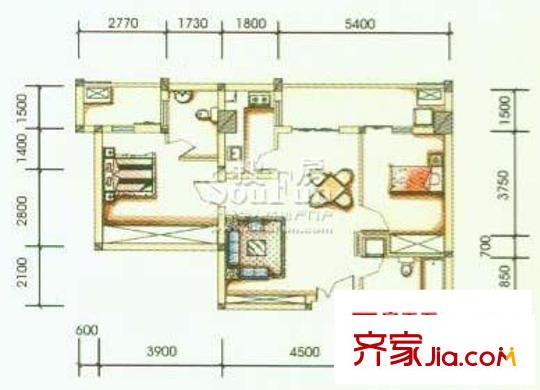 紅南港MITOWN戶型圖C型 2室2廳2衛(wèi)1廚